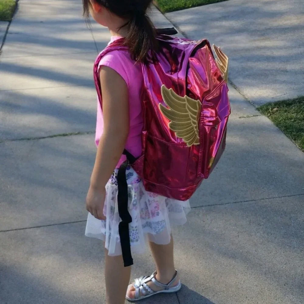 Kids Metallic Pink Wing Backpack - 3D Gold Wings